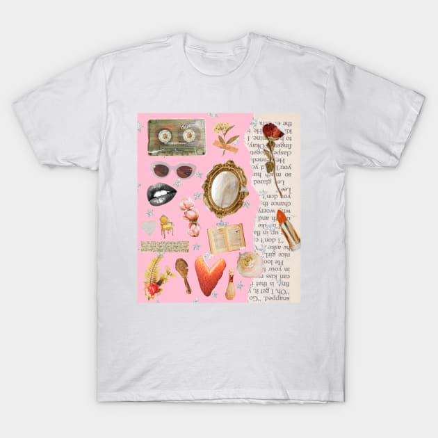 Vintage Old Money Aesthetic Collage Print Barbie Pink T-Shirt by madiwestdal